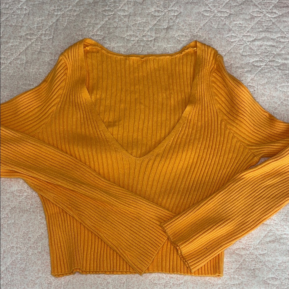 Vibrant Orange V-Neck Ribbed Sweater